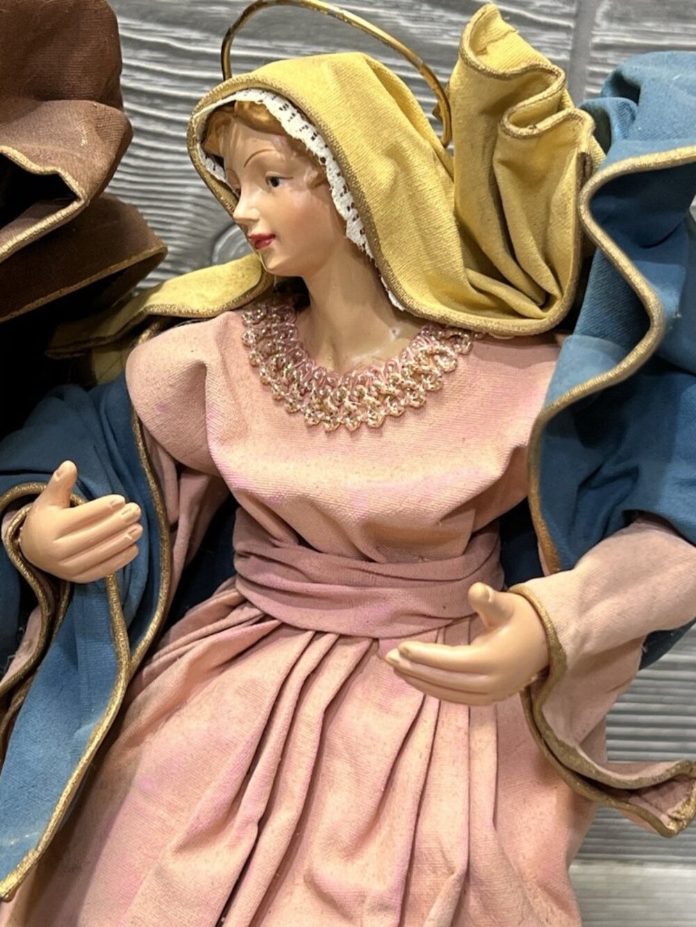Nativity Set Paper Mache Jesus Mary Joseph 13” Wooden Base Vintage Christmas - Picture 2 of 9